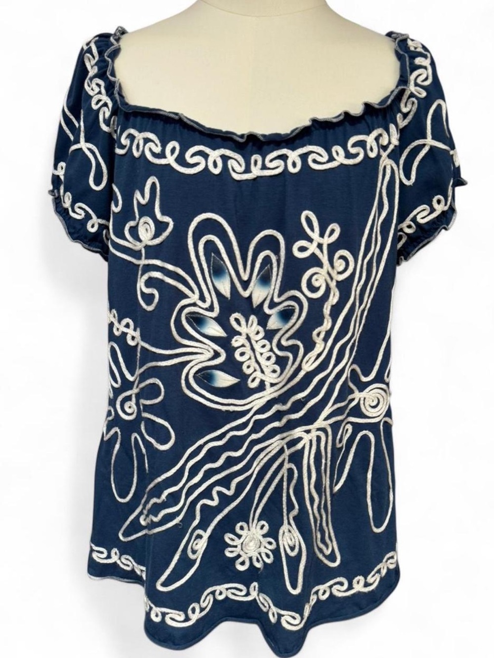 Vintage Lauren Michelle scoop neck
 Navy Blue Embroidered Peasant Blouse